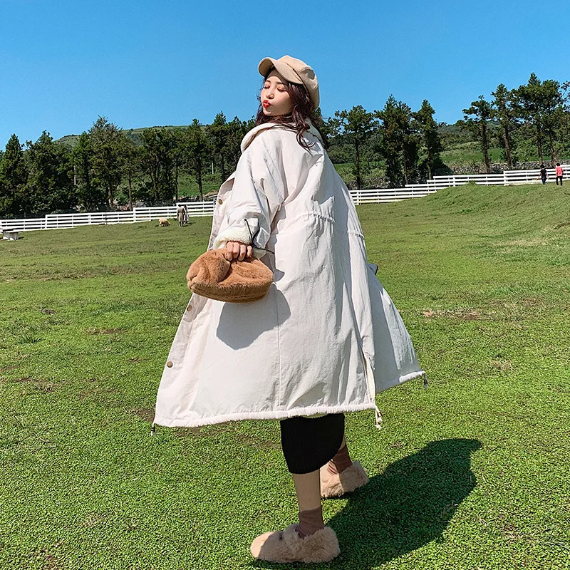 

2019 Winter New Style Lining Lambs Wool Large Cotton Coat Korean-style Solid Color Single-Breasted Drawstring Cotton-padded Clot
