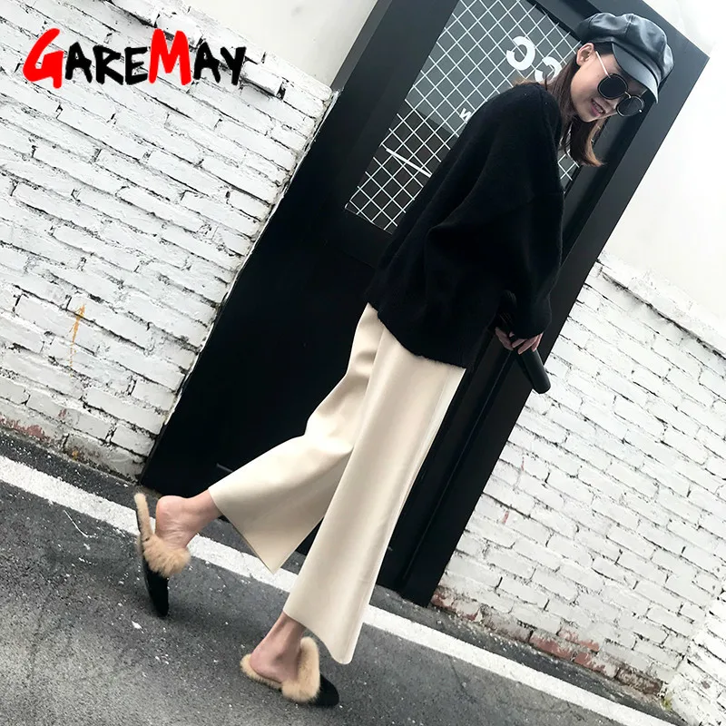 GareMay Элегантные зимние теплые брюки женские корейские повседневные укороченные широкие черные штаны осень зима женские шерстяные брюки с высокой талией