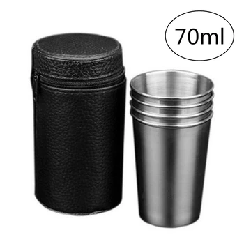 

4pcs/set 70ml Stainless Steel Coffee Cup Portable Coffee Wine Cup Outdoor Camping Travel Mug Cup Set with PU Leather Case Cover