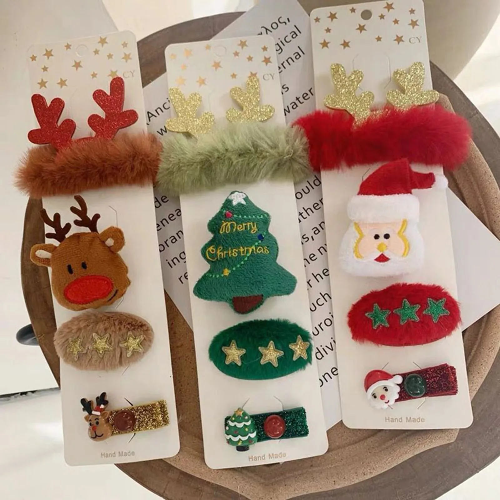 

4pcs/Set Christmas Fabric Hairpin For Women Girls Green Red Brown Tree Fur Ball Star Slid Clip Fashion Hair Accessories