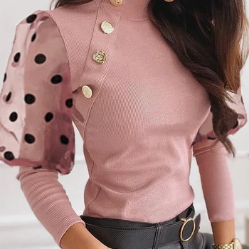 

Summer Women T Shirt Mesh Patchwork Turleneck Long Lantern Sleeve Button Polka Dot Female Casual Tops