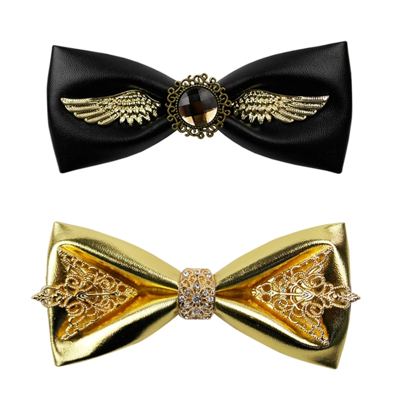 

Brand New Luxury Mens Bow Ties for Wedding High Quality PU Leather Metal Golden Bowtie Club Banquet Butterfly Tie with Gift Box