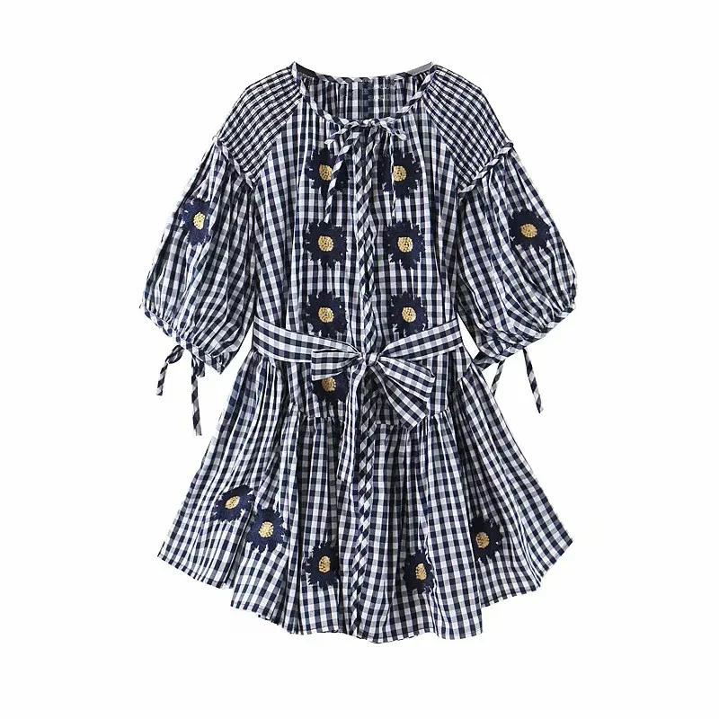 navy Plaid KNOYEER, мини-платья для женщин, хлопок, Подсолнух, вышивка, темно-синяя клетка, летнее сексуальное платье, бохо, свободное короткое платье, Пляжное Платье - Цвет: navy Plaid