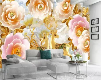 

Custom 3d Animal Wallpaper Delicate Peony Flower Auspicious Couple Sika Silk Mural Wallpaper