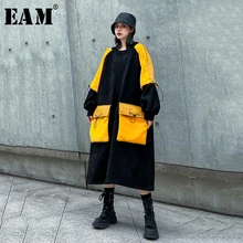[EAM] женское платье-Толстовка большого размера с карманом и разрезом, новинка, круглый вырез, длинный рукав, свободный крой, мода, весна-осень 19A-a829