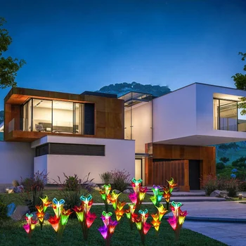 

Solar Garden Stake Lights, Upgraded Solar Powered Flower Lights with 12 Lily Flowers & Butterfly, 7-Color Changing LED Solar Lig