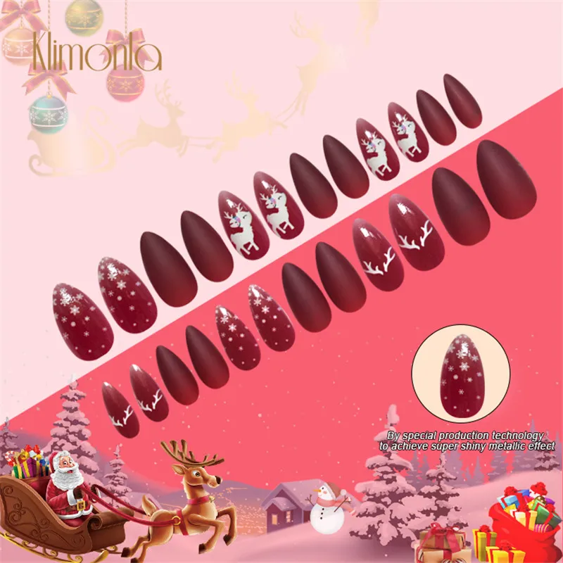 

New 24Pcs DIY Red Almond Salon False Nails Design Christmas Style Snowflake Antlers Daily Decoration Fake Nail Art Manicure