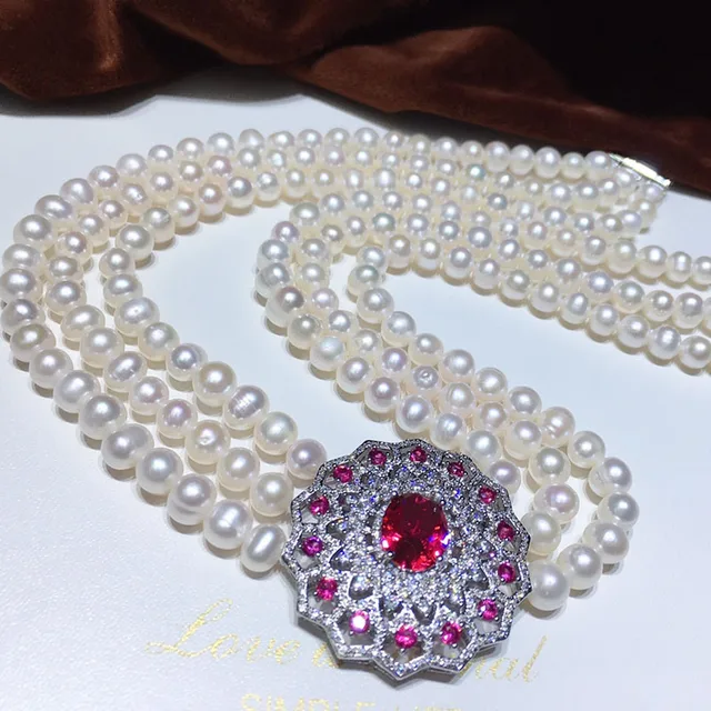 Bracelet et collier en perles naturelles, 3 brins, 7-8mm, blanc, cristal  rouge, connecteur CZ