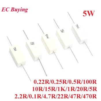 

10pcs 5W Ceramic Cement Resistance Resistor 0.1~1K 5% 0.1R 0.22R 0.25R 0.5R 1R 2.2R 4.7R 5R 10R 15R 20R 22R 47R 100R 470R 1K ohm