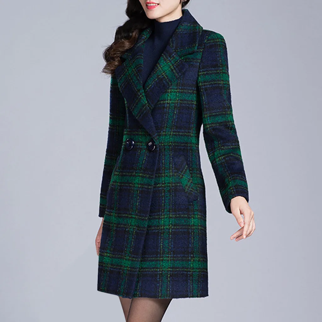 Зимнее модное клетчатое тонкое женское пальто с длинными рукавами, повседневное плотное теплое тонкое женское пальто средней длины