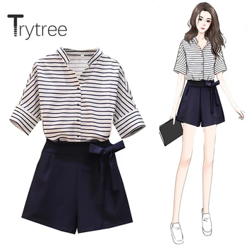 

Trytree 2020 Summer Women two piece set Casual V-neck Single Breasted Stripe Blouse Top + Shorts Solid Bow Fashion 2 piece Set