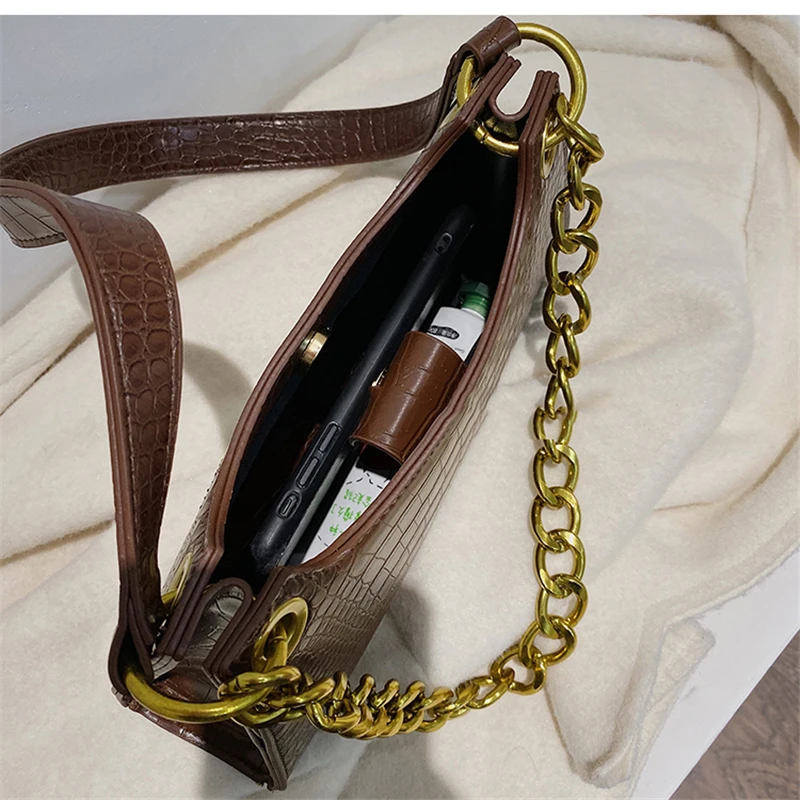 Женские кожаные сумки Люксовый бренд Crossbody Новая мода Аллигатор с большой цепью Багет Дамские сумки через плечо