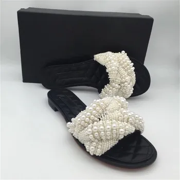 

Top Quality Women's Slippers Sweet Pearl Ladies Shoes New Summer Inside House Slippers Luxury Brand Designed Women's Shoes
