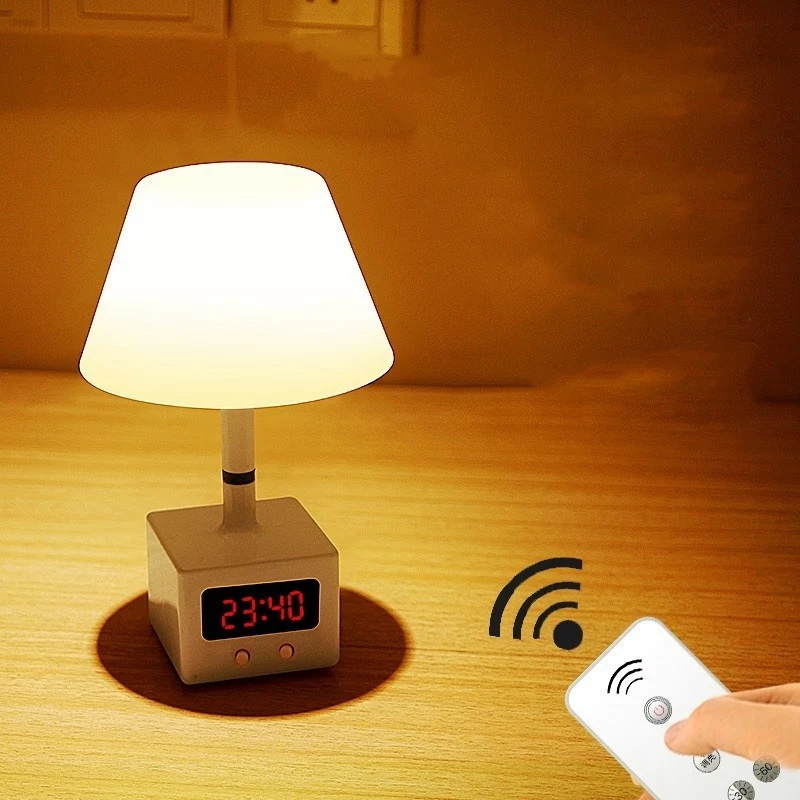  LED Remote Control Desk Lamp USB Charging with Clock Warm White Light Table Lamp Dimmable Bedroom B