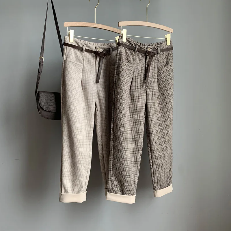 2020 Autumn Winter New Style Plaid Pants Women Capri Korean Woolen Straight-Leg Pants Casual Trousers with Belt 2020 Autumn Winter New Style Plaid Pants Women Capri Korean Woolen Straight-Leg Pants Casual Trousers with Belt