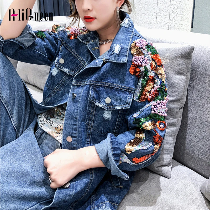 2020 Women Glitter Sequin Denim Jacket Womens Jackets and Coats