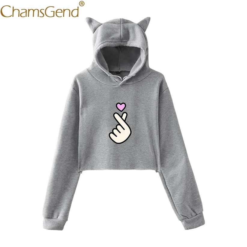 

Finger Heart Gesture Print Short Hoodie Sweatshirt Women Long Sleeve Pullover Blouse with Ear Woman Girls Crop Top 907