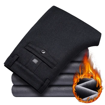 

Winter Men's Thick Warm Loose Casual Pants 2020 Classic Style Business Office Black Straight Fleece Stretch Trousers Male Brand