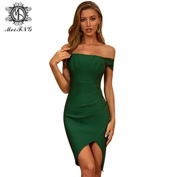 

Dark Green Slim Strapless Skirt Party Dress Skirt Banquet Host Temperament Slash Neck Dress