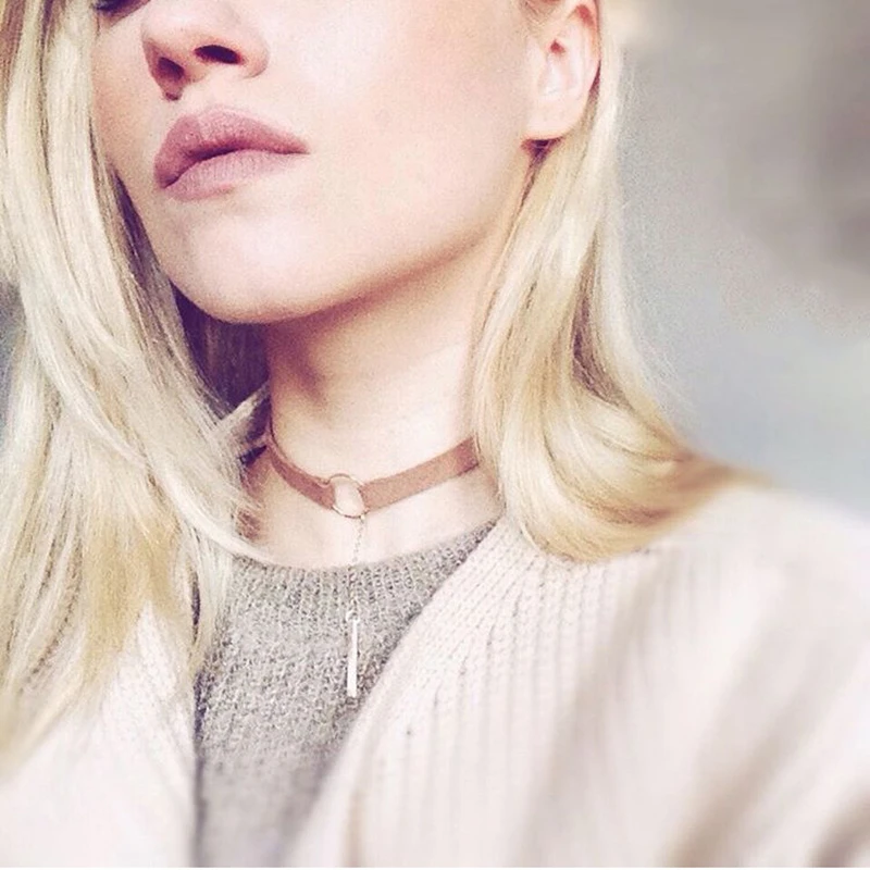 90’S Punk New Fashion 4 Colors Leather Choker Necklace Gold Color Geometry With Round Pendant Collar Necklace For Women Girls