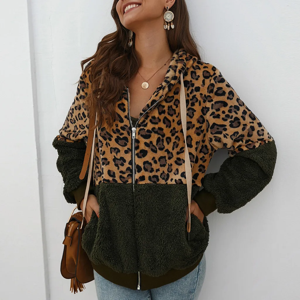 Finest  Women Coat Leopard Print Patchwork Fleece Jacket Autumn Winter Warm Long Sleeves Hooded Coat Female