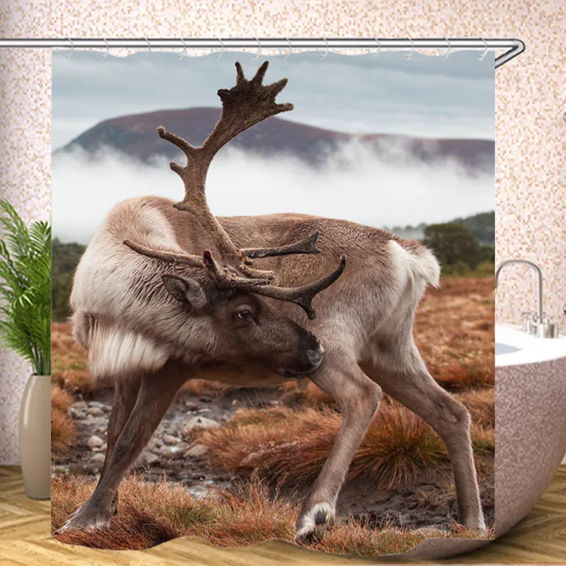 A Moose Forests Deer Reindeer Horns Waterproof Shower Curtain With Hock Bathroom Curtains Bath Bathing Sheer For Home Decor - Color: A