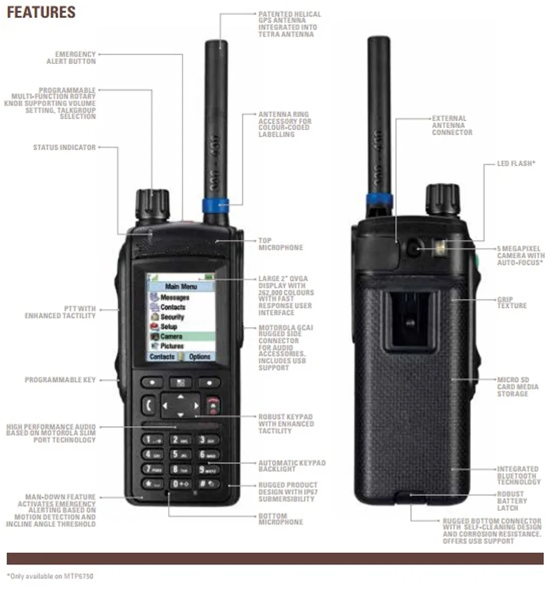 MTP6750 TETRA Портативное двухстороннее радио для обеспечения безопасности с частотой 350-470 МГц gps камера с TEA1 TEA2 TEA3