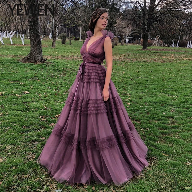 

Purple Sleeveless Deep V-neck Sexy Evening Dresses 2020 Ruffle Prom Dress YEWEN Plus Size special occasion dresses