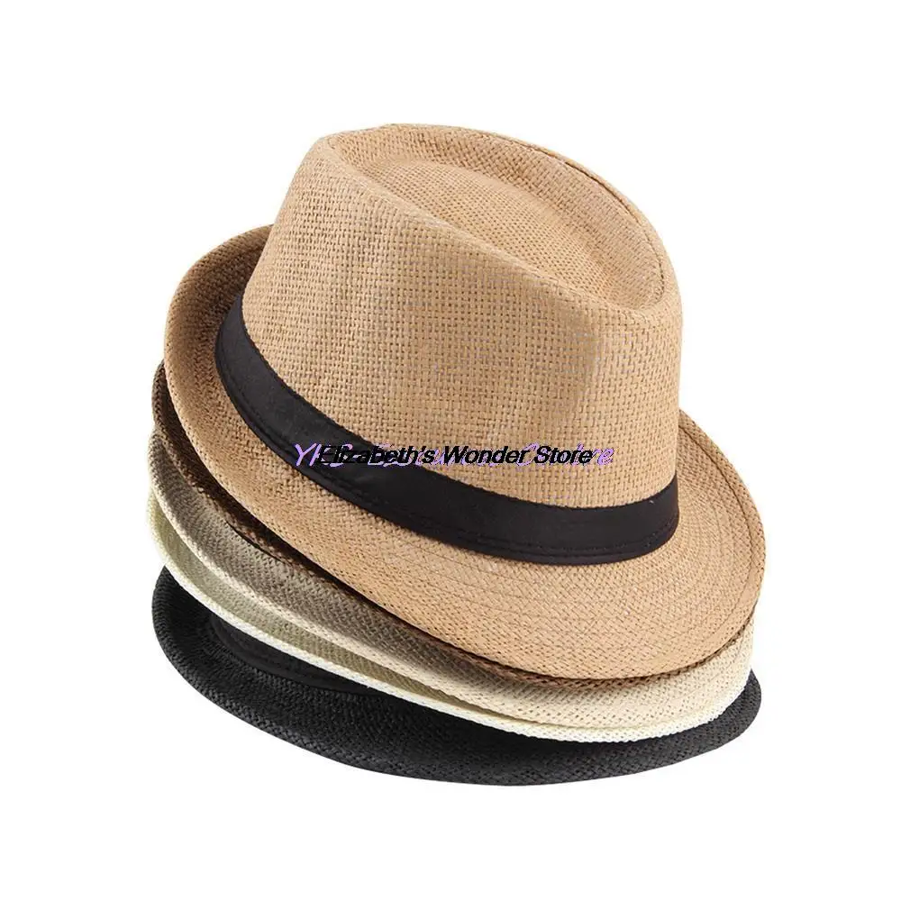 Рыбацкая шляпа Женская Мужская Fedora Мужская Гангстерская шляпа Кепка летняя пляжная Соломенная Панама шляпа с ребристой лентой Sunhat