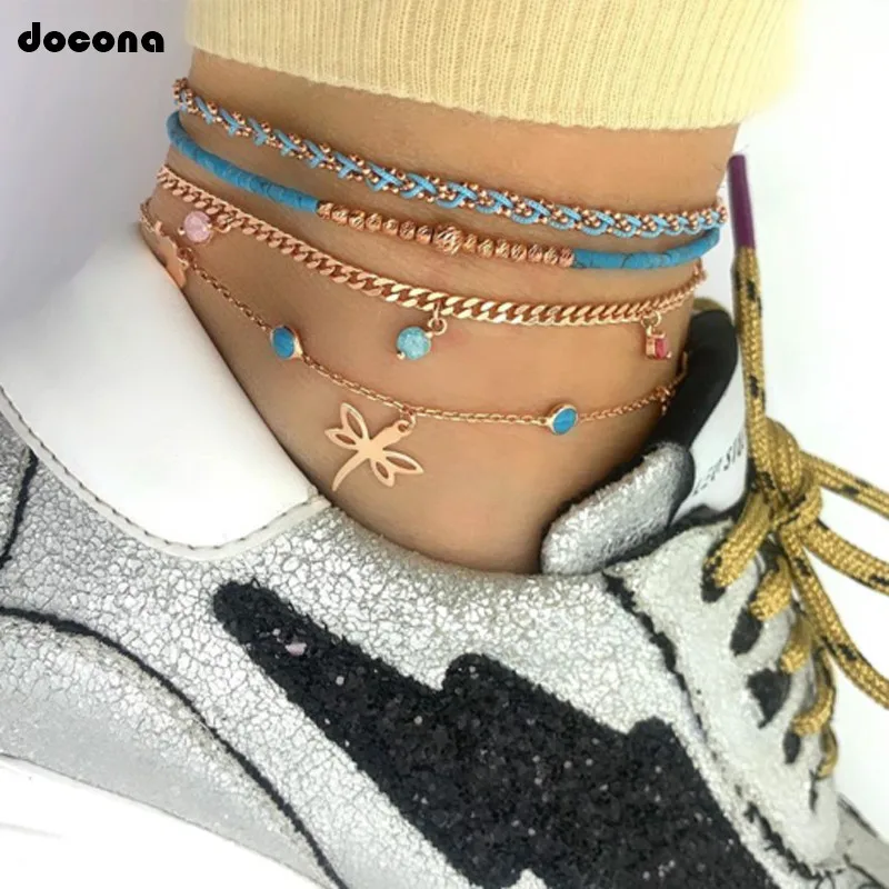 

Docona Colorful Beaded Dragonfly Pedant Anklet Set for Women Blue Weaving Charms Anklets Foot Chains Jewelry8500