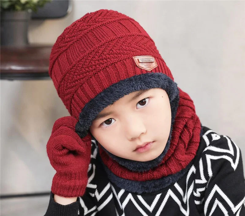 Red 3 Pcs Set Г., Детский Зимний вязаный комплект из 3 предметов: шапка и шарф, перчатки, теплая плюшевая шапка для мальчиков и девочек новая детская Лыжная шапка, однотонные шарфы - Цвет: Red 3 Pcs Set