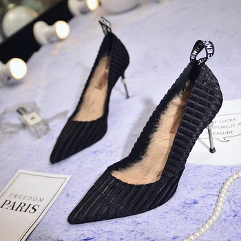 

Fur Pumps Women Winter Shoes Flock Pumps Crystal Sexy High Heels 9cm Stiletto Fashion Stripes Shoes Ladies Party Office Shoes
