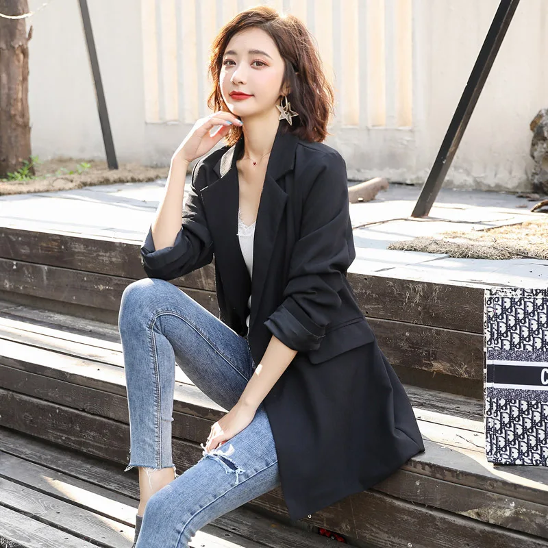 

INS Suit Jacket Women's Fashion Retro 2019 Autumn Korean-style Loose-Fit Belt Casual Elegant Black And White with Pattern Small