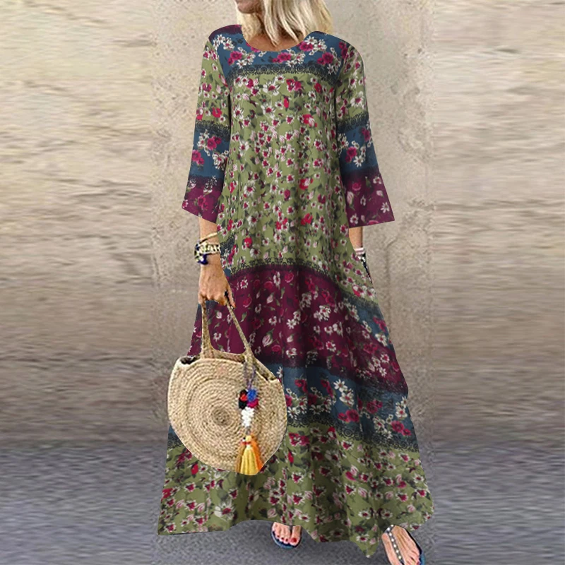 Floral Green Осень 3/4, рукав, узор в горошек, Женский кафтан, Vestido Femme, сарафан, длинное платье, винтажное женское хлопковое льняное платье - Цвет: Floral Green
