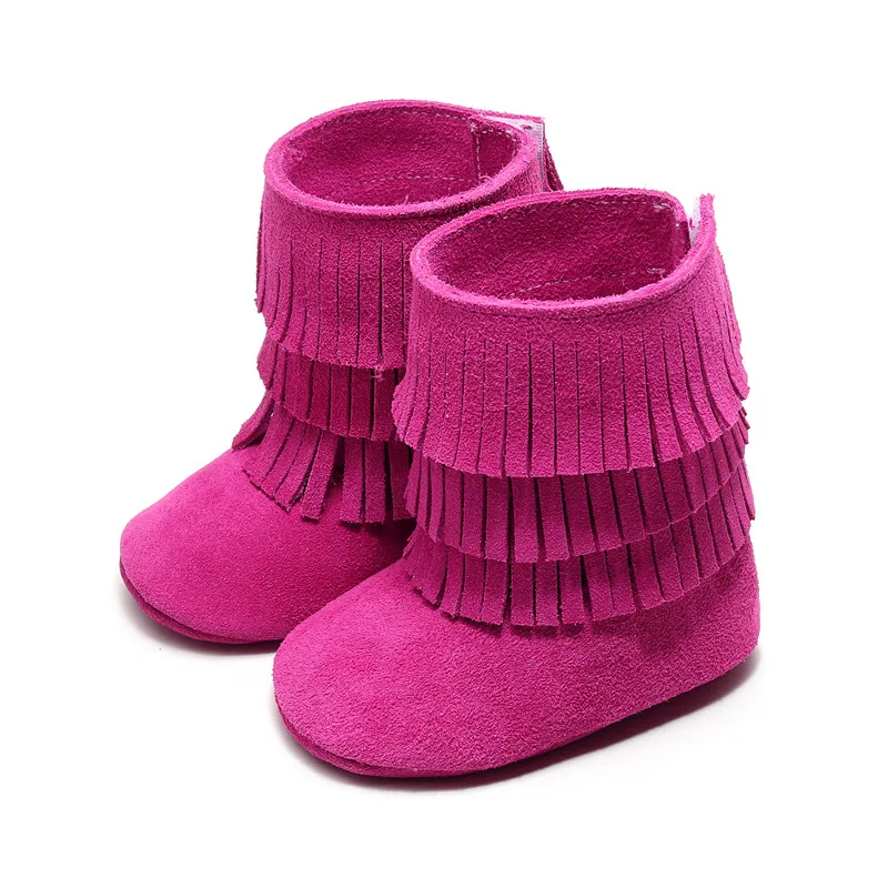 11 Цвета детские зимние ботинки с бахромой из натуральной кожи; замшевые высокие сапоги upper Boots мягкая подошва для новорожденных и малышей нескользящая обувь; сезон осень - Цвет: rose pink