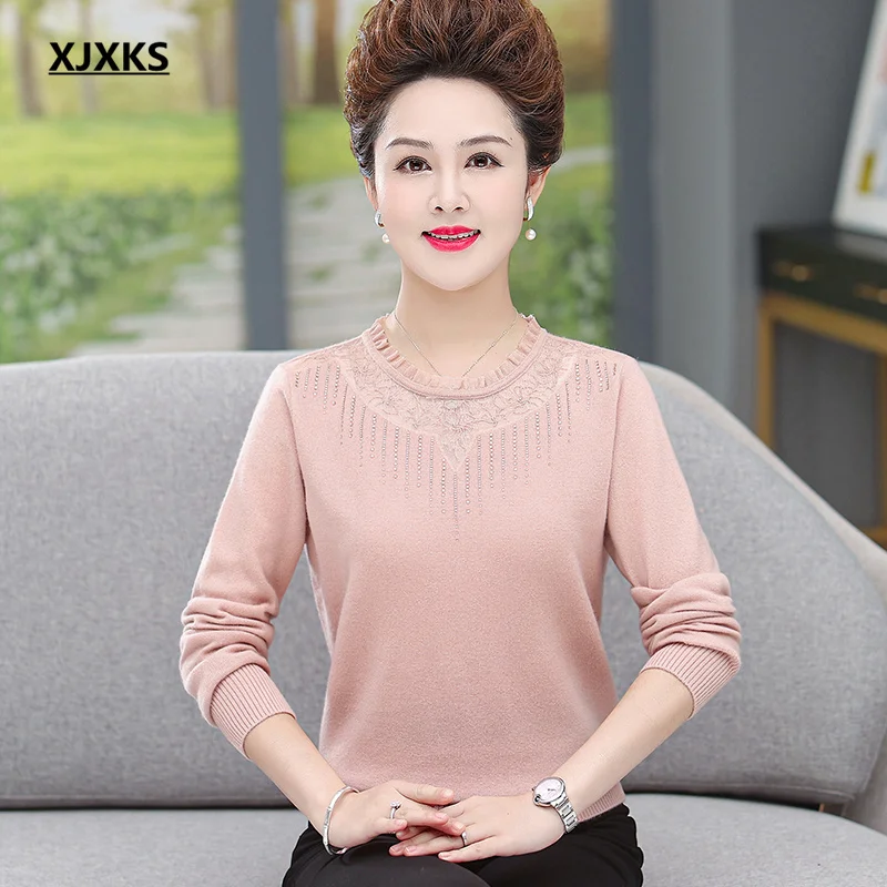 

XJXKS Round neck long-sleeved women sweater 2022 autumn winter new fashion diamond women 100% wool knitted sweater