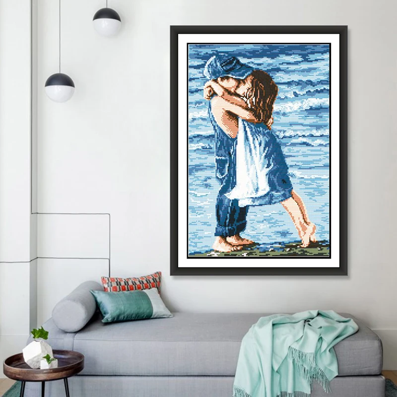 

Seaside couple hug kiss cross stitch kit character series 14ct 11ct handmade DIY needlework home embroidery decoration painting