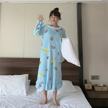 

loose cute pink blue strawberry home clothes winter nightgown long sleeve midi dress homewear velvet sleepwear korean Y193