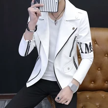 Модная Мужская короткая куртка из искусственной кожи байкерские куртки с буквенным принтом, черный, белый, красный цвета, A50