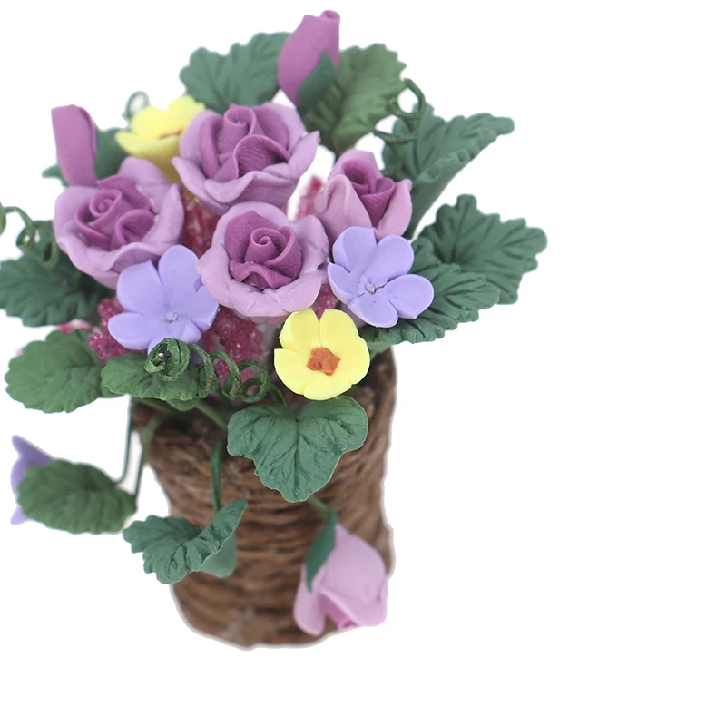 1:12 Scale Dollhouse Miniature Clay Flowers in Rattan Pot Planter Fairy Garde WF 