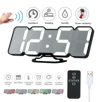 

3D Wireless Remote Digital RGB LED Alarm Clock USB Sound Control Countdown/Snoozing Functions Wall Desktop Clock