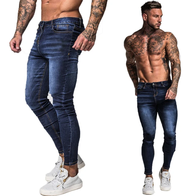 GINGTTO Jeans Men Elastic Waist Skinny Jeans Men 2020 Stretch Ripped Pants Streetwear Mens Denim Jeans Blue navy blue zm121