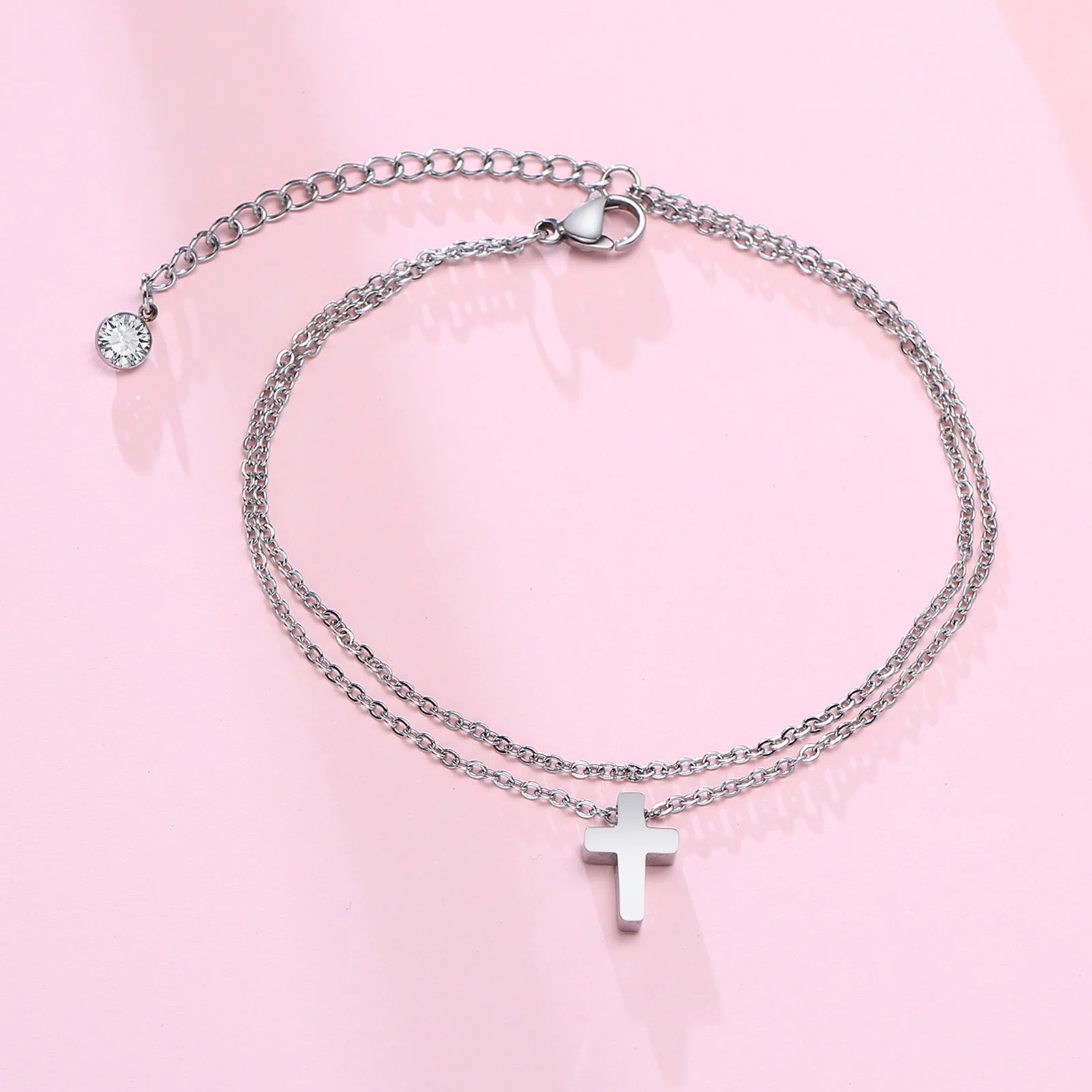 Stainless Steel Men's Anklet With Cross Charm Double Chain
