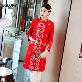 

Top Quality Wool & Blend Coat 2019 Autumn Winter Outerwear Women Luxurious Embroidery Single Breasted Woolen Coats Red Blue XXXL