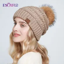 ENJOYFUR натуральный мех енота шапка с помпоном для женщин Зимний теплый вязаный мешковатые шапки-Боб Женские Мешковатые Лыжные шапки