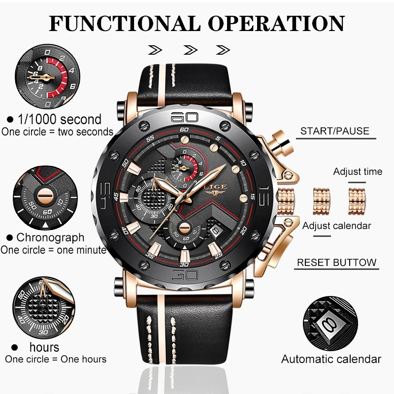 Часы наручные LIGE Мужские кварцевые с большим циферблатом модные брендовые