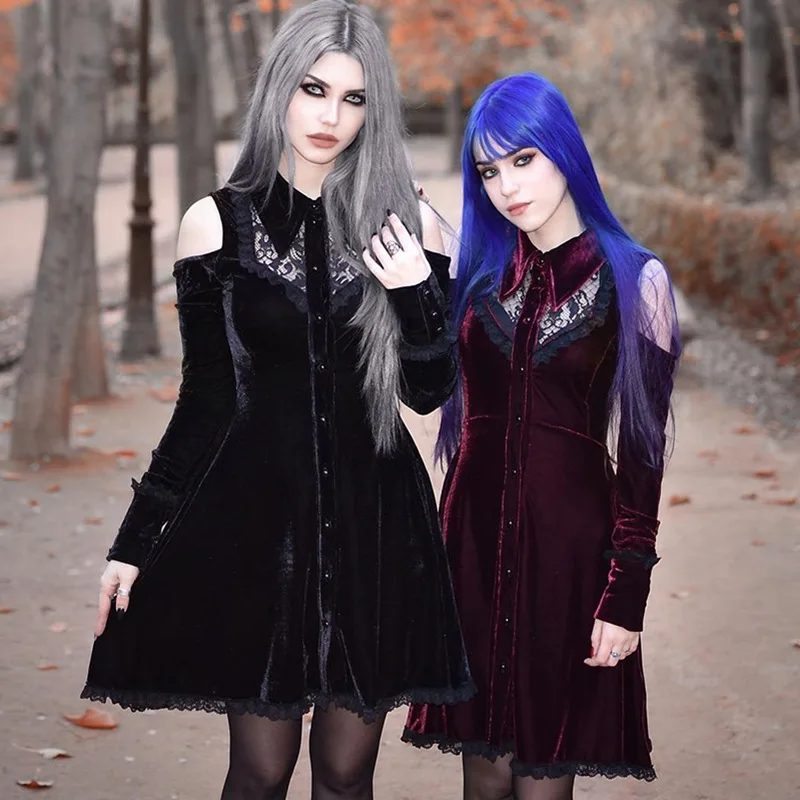 

Ruibbit Lace Stitching Lolita Dresses Women Punk Gothic Ribbon Dress Long Sleeve Cold Shoulder Autumn Winter Club Mini Dress