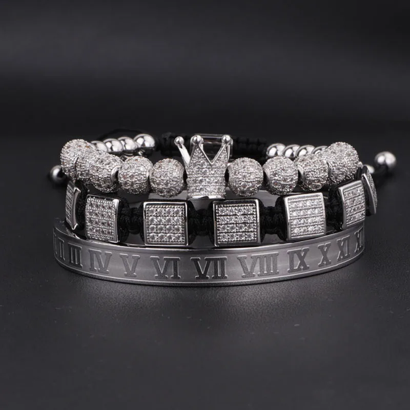 High Quality Luxury CZ Micro Pave Crown Square Charm Braided Stainless Steel Beads Bangle Bracelet Set Men Jewelry - Image 2