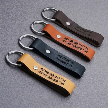 

MYLONGINGCHARM Personalized Leather Keychain, Personalized Coordinates, Messages, Names. Permanent Engraved. Anniversary Gift fo