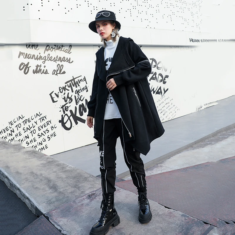 awesome  [EAM] Loose Fit Zipper Asymmetrical Big Size Jacket New Hooded Long Sleeve Women Coat Fashion Tide 